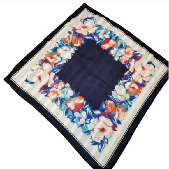 Large Floral Navy Printed Square Head Neck Scarf - Picture 1 of 4
